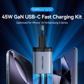 Зарядний пристрій Vention 2xUSB-C PD45W GaN + cable USB-C to USB-C 1.0m black gray (TZ-FCDH0-EU) TZ-FCDH0-EU фото