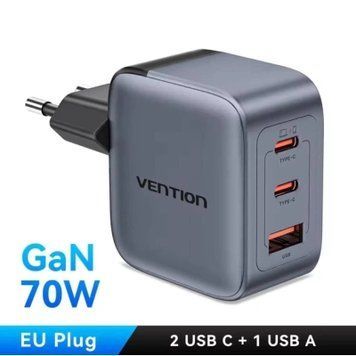 Зарядний пристрій Vention 1xUSB-C PD70W + 1xUSB QC3.0 22.5W GaN + cable USB-C to USB-C 1.0m 5A gray (TZ-FCGH0-EU) TZ-FCGH0-EU фото