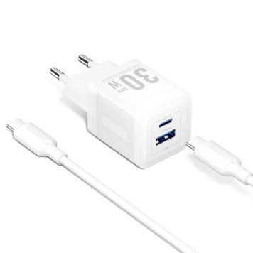Зарядний пристрій Vention 1xUSB-C PD30W + 1xUSB QC3.0 30W GaN + cable USB-C to USB-C 1.0m white (TZ-FEQW0-EU-01) TZ-FEQW0-EU-01 фото
