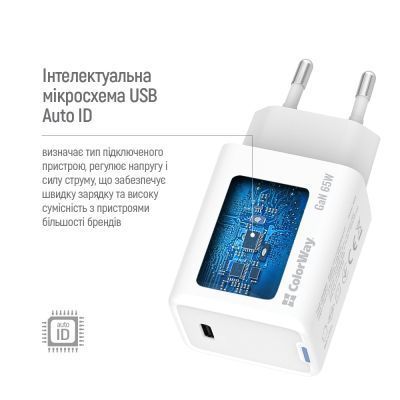 Зарядний пристрій ColorWay GaN Mini 65W PD Port PPS USB-C white (CW-CHS049PD-WT) CW-CHS049PD-WT фото