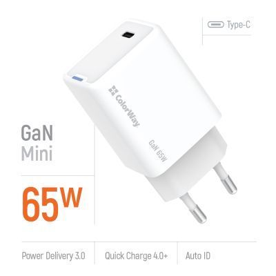 Зарядний пристрій ColorWay GaN Mini 65W PD Port PPS USB-C white (CW-CHS049PD-WT) CW-CHS049PD-WT фото