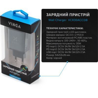 Зарядний пристрій Vinga 2xUSB-C PD30W + USB-A QC30W Display 30W Max (VCR30ACCDB) VCR30ACCDB фото