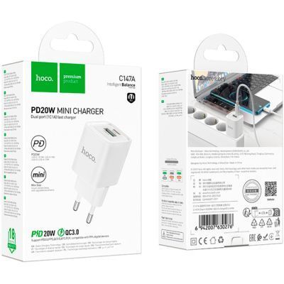 Зарядний пристрій HOCO C147A Charm 1xUSB-C PD20W + 1xUSB QC3.0 White (6942007630276) 6942007630276 фото