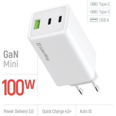 Зарядний пристрій ColorWay C101B GaN Mini 100W PD PPS 2xUSB-C + USB-A white (CW-CHS061PD-WT) CW-CHS061PD-WT фото