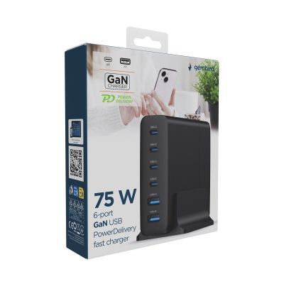 Зарядний пристрій Gembird 4xUSB-C PD25W + 2xUSB QC3.0 18W black (TA-UC-2A4C-PD75-01-BK) TA-UC-2A4C-PD75-01-BK фото