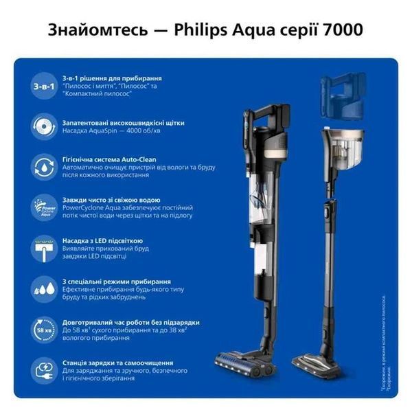 Пилосос Philips безпровідний AquaTrio, 9000 Series вологе прибирання, конт пил -0.42л, автон. робота XW9463/10 фото