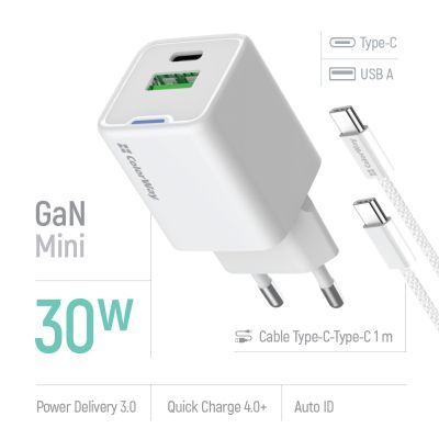 Зарядний пристрій ColorWay GaN Mini 30W PD Port PPS USB (Type-C PD + USB QC4.0) cable Type-C (CW-CHS053PDC-WT) CW-CHS053PDC-WT фото