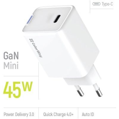 Зарядний пристрій ColorWay GaN Mini 45W PD Port PPS USB-C white (CW-CHS057PD-WT) CW-CHS057PD-WT фото
