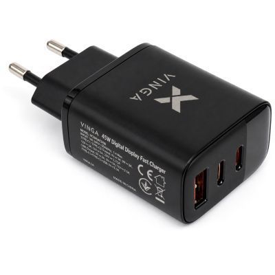 Зарядний пристрій Vinga 2xUSB-C + USB-A Display 45W (VCR45ACCDB) VCR45ACCDB фото