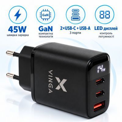 Зарядний пристрій Vinga 2xUSB-C + USB-A Display 45W (VCR45ACCDB) VCR45ACCDB фото