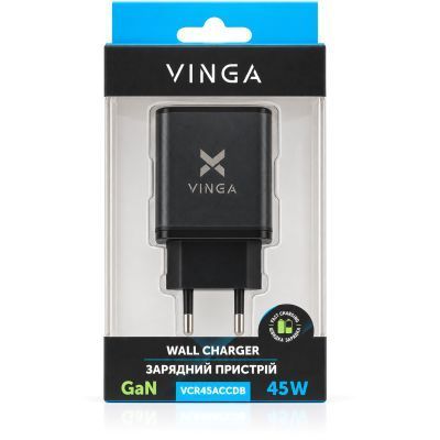 Зарядний пристрій Vinga 2xUSB-C + USB-A Display 45W (VCR45ACCDB) VCR45ACCDB фото