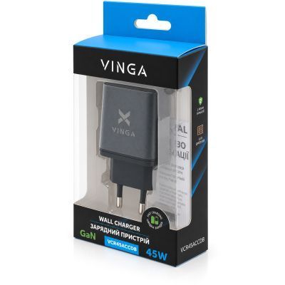 Зарядний пристрій Vinga 2xUSB-C + USB-A Display 45W (VCR45ACCDB) VCR45ACCDB фото